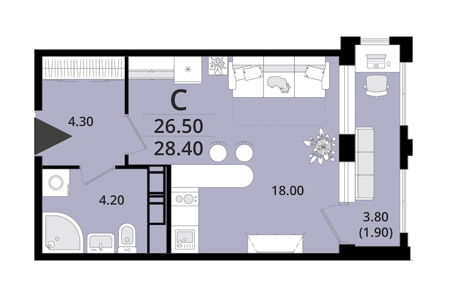 Квартира студия 28.4 м², 13/13 эт., ЖК «Тайм Сквер»